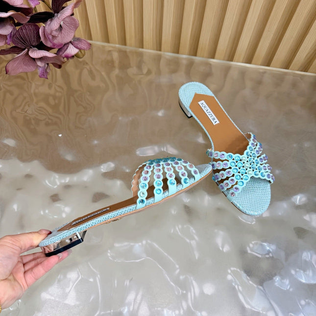 AQUAZZURA 26S SLIDES IN LIGHT BLUE SNAKESKIN EMBOSSED LEATHER