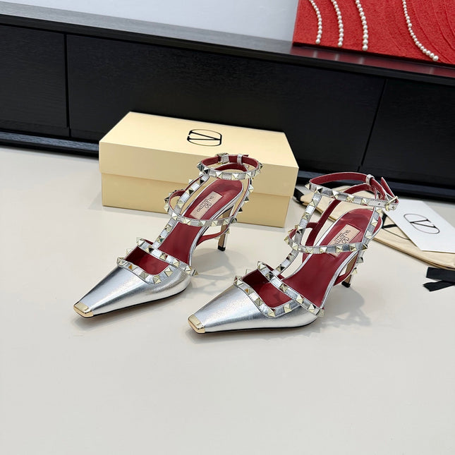 VALENTINO 26S ROCKSTUD SLINGBACK PUMPS 100 MM IN METALLIC SILVER CALFSKIN
