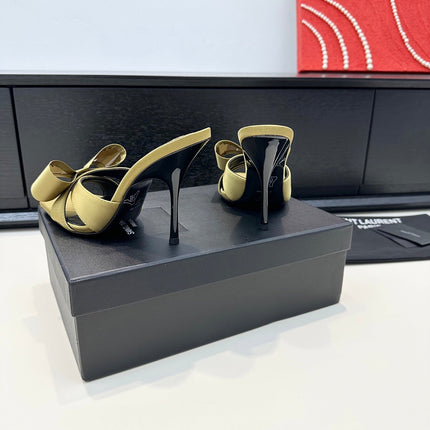 YSL 26S HEELED SANDALS 105 MM IN OLIVE GREEN SATIN