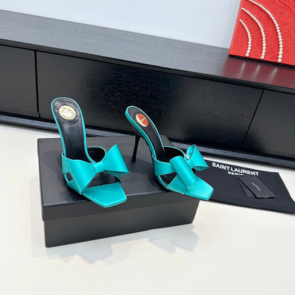 YSL 26S HEELED SANDALS 105 MM IN TIFFANY BLUE SATIN