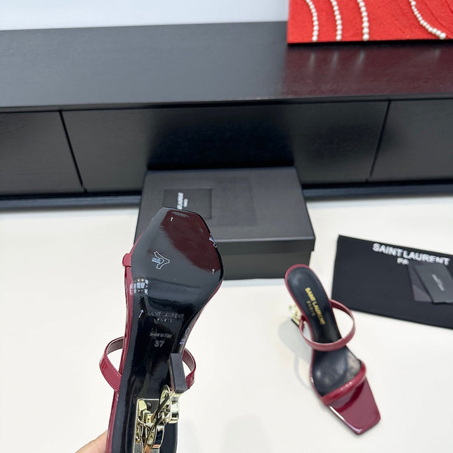 YSL 26S DOUBLE-STRAP HEELED SANDALS 100 MM IN DARK RED CALFSKIN