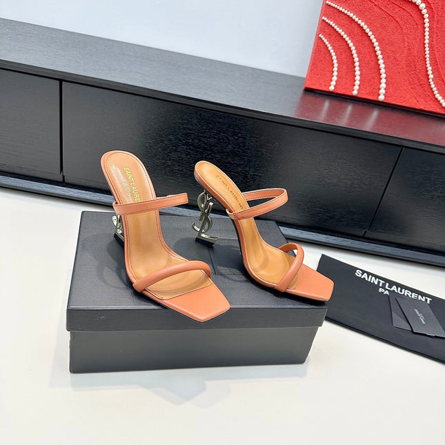 YSL 26S DOUBLE-STRAP HEELED SANDALS 100 MM IN LIGHT BROWN CALFSKIN