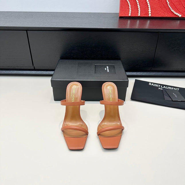 YSL 26S DOUBLE-STRAP HEELED SANDALS 100 MM IN LIGHT BROWN CALFSKIN