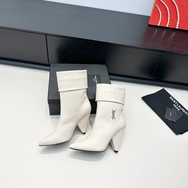 YSL 26S FOLD-OVER ANKLE BOOTS IN CREAM WHITE CALFSKIN