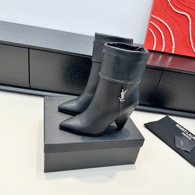 YSL 26S FOLD-OVER ANKLE BOOTS IN BLACK CALFSKIN