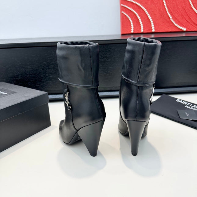 YSL 26S FOLD-OVER ANKLE BOOTS IN BLACK CALFSKIN