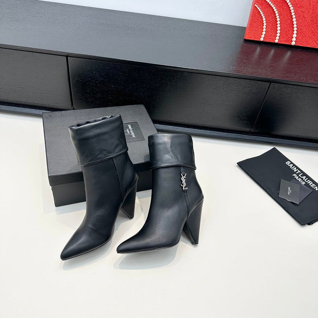 YSL 26S FOLD-OVER ANKLE BOOTS IN BLACK CALFSKIN