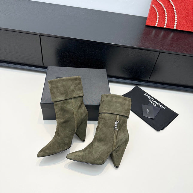 YSL 26S FOLD-OVER ANKLE BOOTS IN MOSS GREEN SUEDE