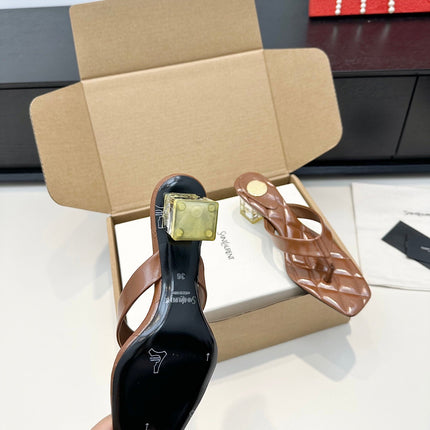 YSL 26S QUILTED THONG SANDALS 50 MM IN BROWN LAMBSKIN