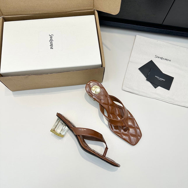 YSL 26S QUILTED THONG SANDALS 50 MM IN BROWN LAMBSKIN