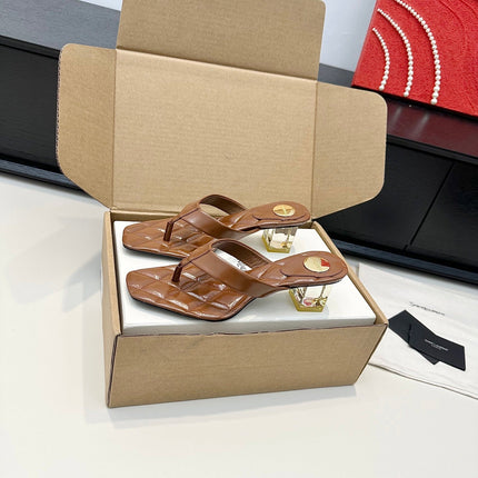 YSL 26S QUILTED THONG SANDALS 50 MM IN BROWN LAMBSKIN
