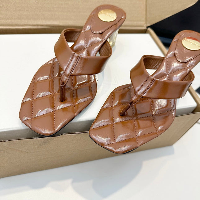 YSL 26S QUILTED THONG SANDALS 50 MM IN BROWN LAMBSKIN