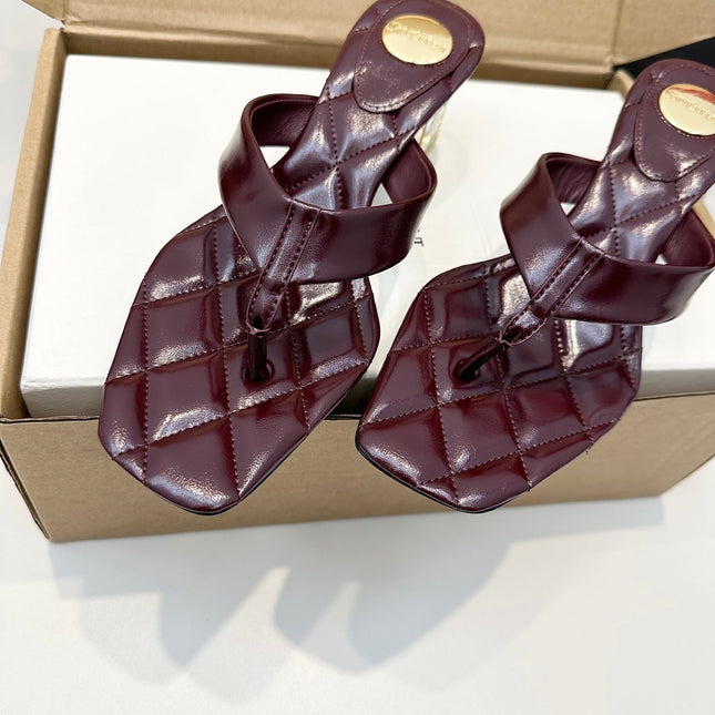 YSL 26S QUILTED THONG SANDALS 50 MM IN WINE RED LAMBSKIN