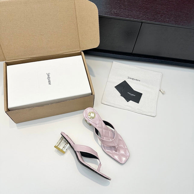 YSL 26S QUILTED THONG SANDALS 50 MM IN PASTEL PINK LAMBSKIN