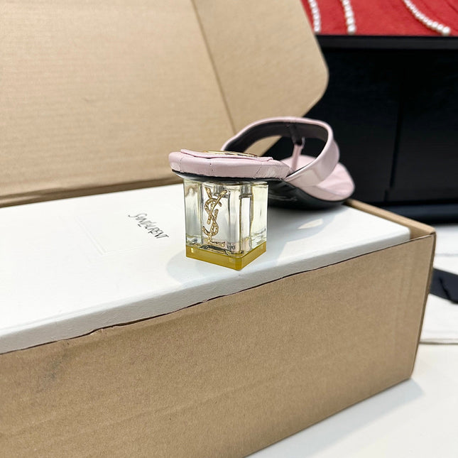 YSL 26S QUILTED THONG SANDALS 50 MM IN PASTEL PINK LAMBSKIN