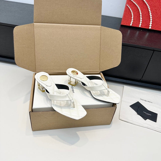 YSL 26S QUILTED THONG SANDALS 50 MM IN WHITE LAMBSKIN