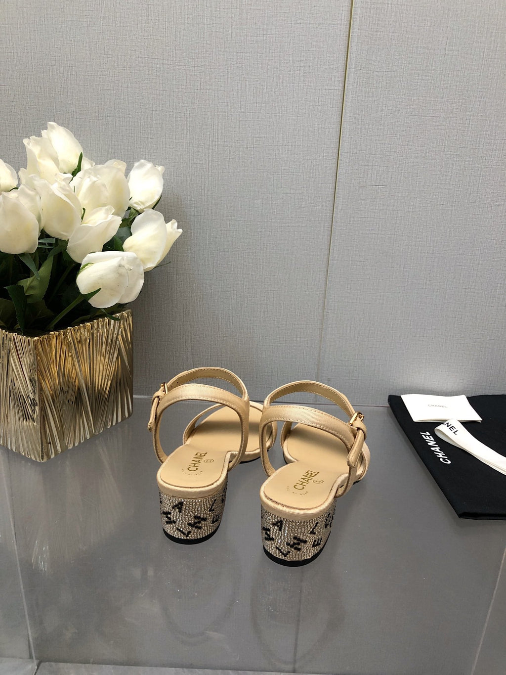 BLOCK HEEL WITH CRYSTAL 5 CM SANDAL IN SAND BROWN FABRIC