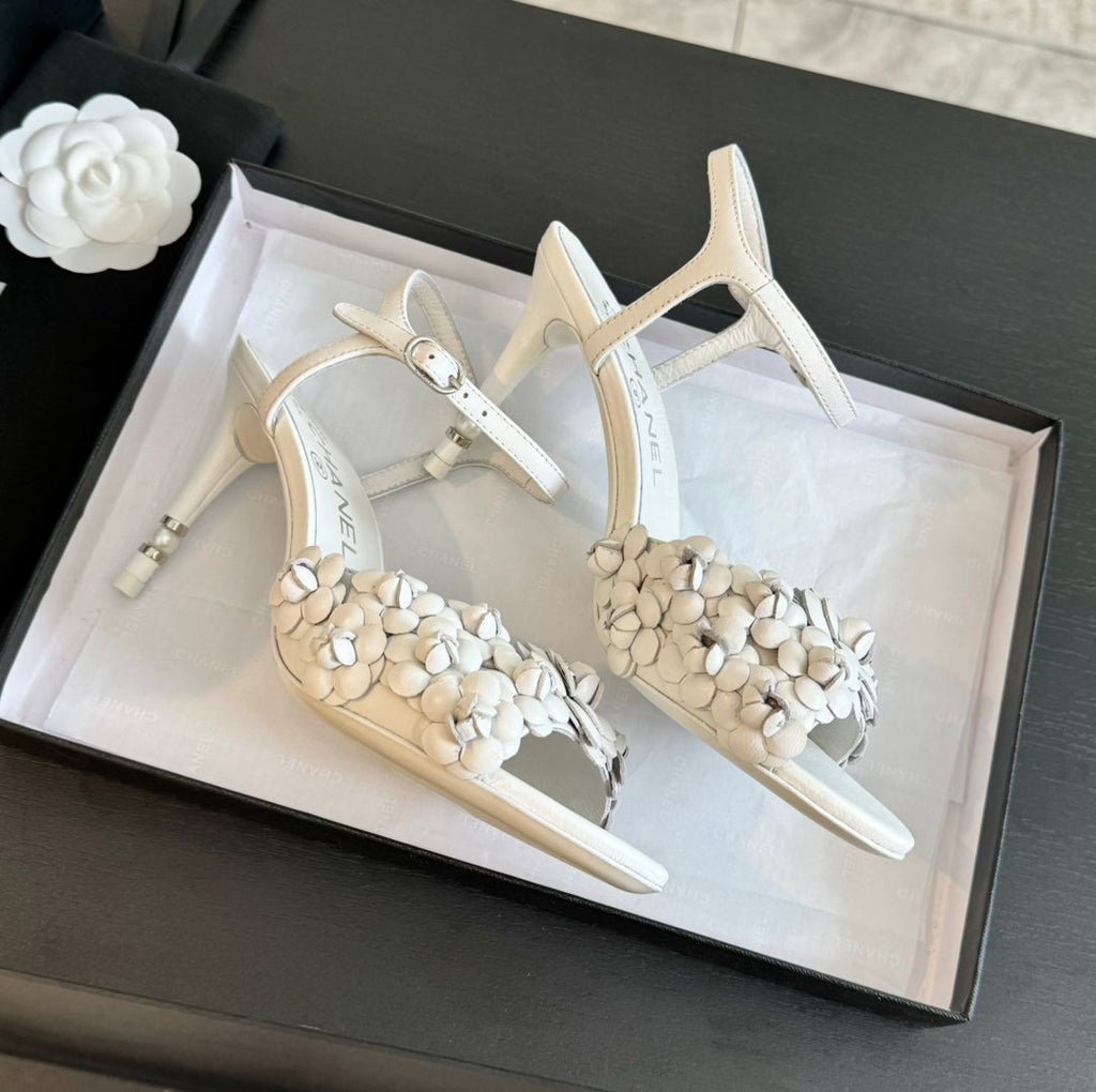 CC Little Camellia World Thin High Sandals White Lambskin