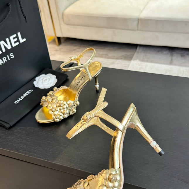 CC Little Camellia World Thin High Sandals Gold Lambskin