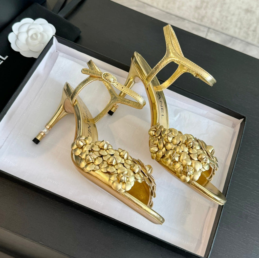 CC Little Camellia World Thin High Sandals Gold Lambskin