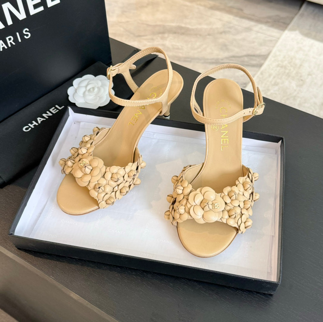 CC Little Camellia World Thin High Sandals Tan Brown Lambskin