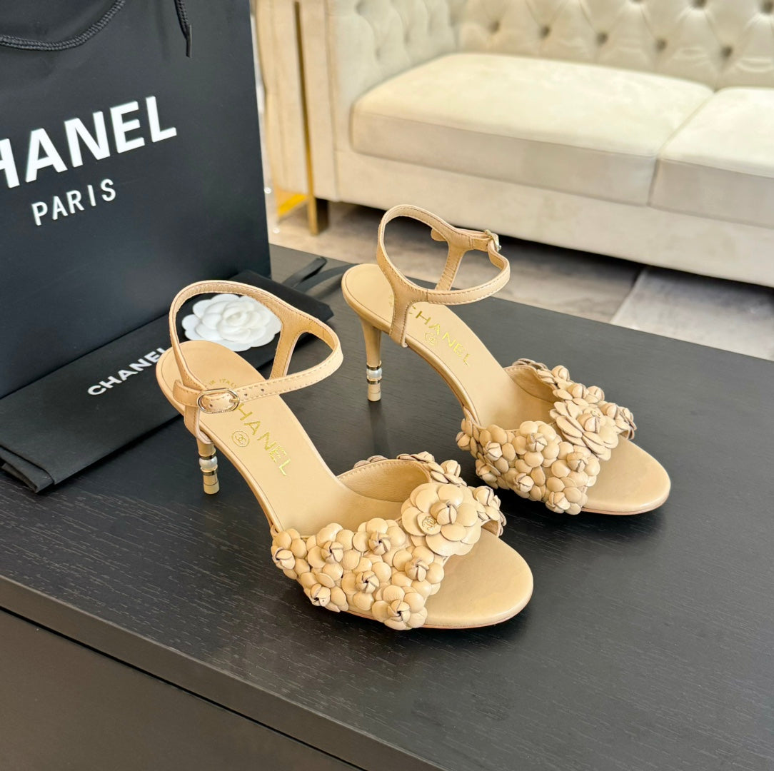 CC Little Camellia World Thin High Sandals Tan Brown Lambskin