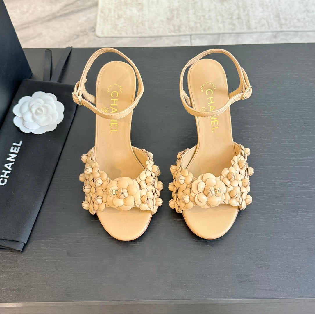 CC Little Camellia World Thin High Sandals Tan Brown Lambskin