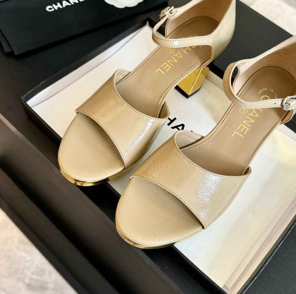 Platform Peep-Toe Sandals Beige Cream Lambskin