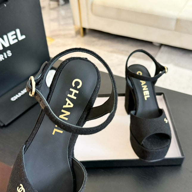HIGH HEEL PLATFORM SANDALS IN BLACK SUEDE