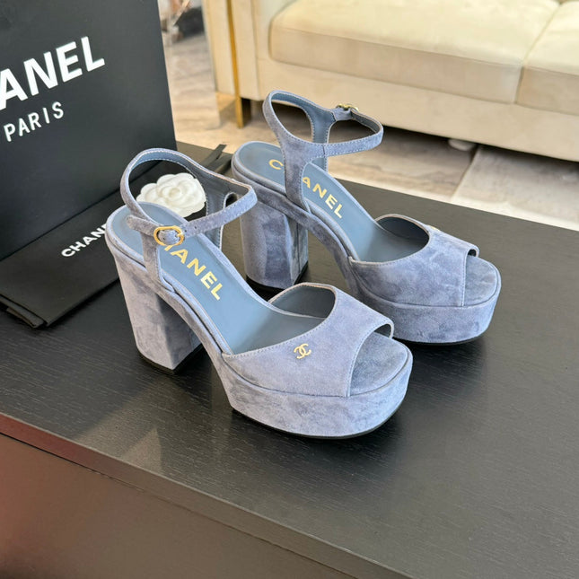 HIGH HEEL PLATFORM SANDALS IN PIGEON BLUE SUEDE