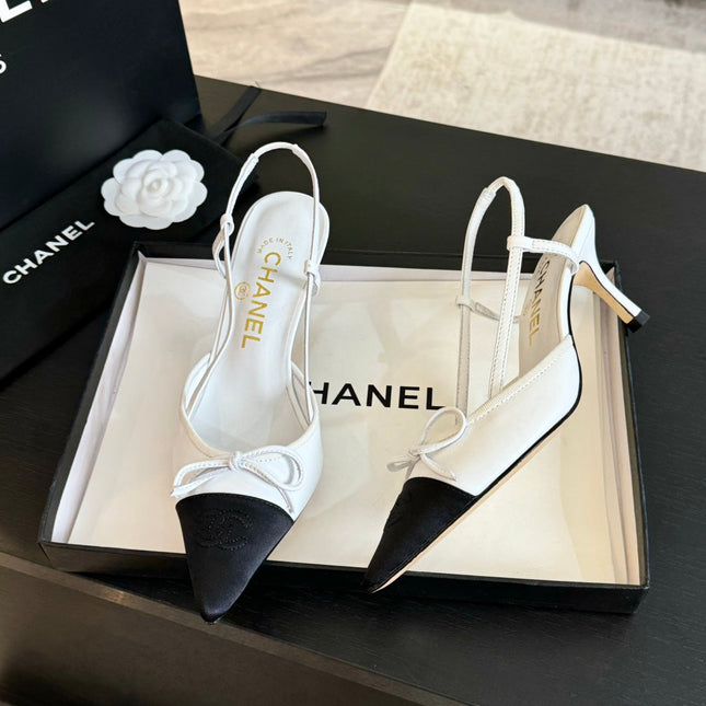 SLINGBACK WITH BOW IN WHITE MIX BLACK LAMBSKIN