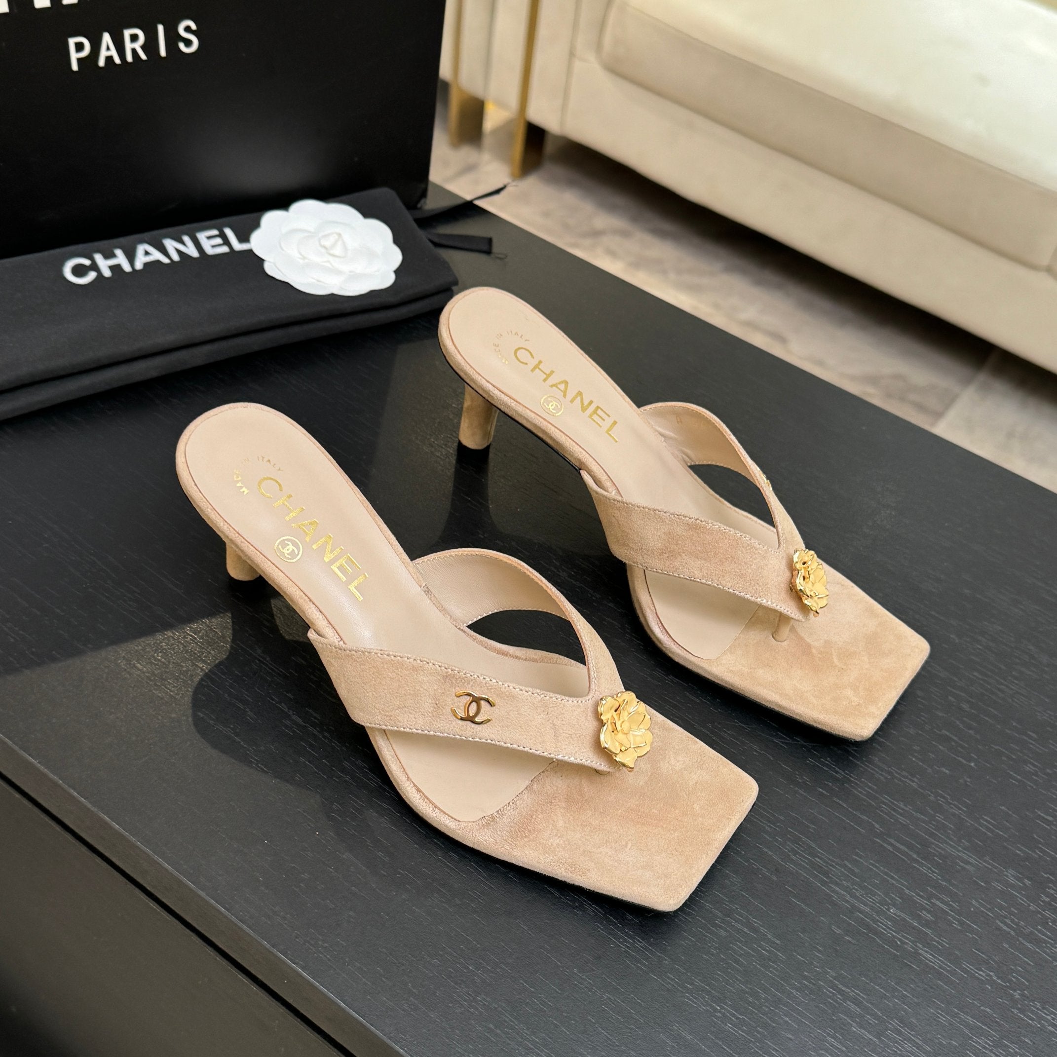 CHANEL 26S CAMELLIA THONG MULE IN BEIGE LAMBSKIN