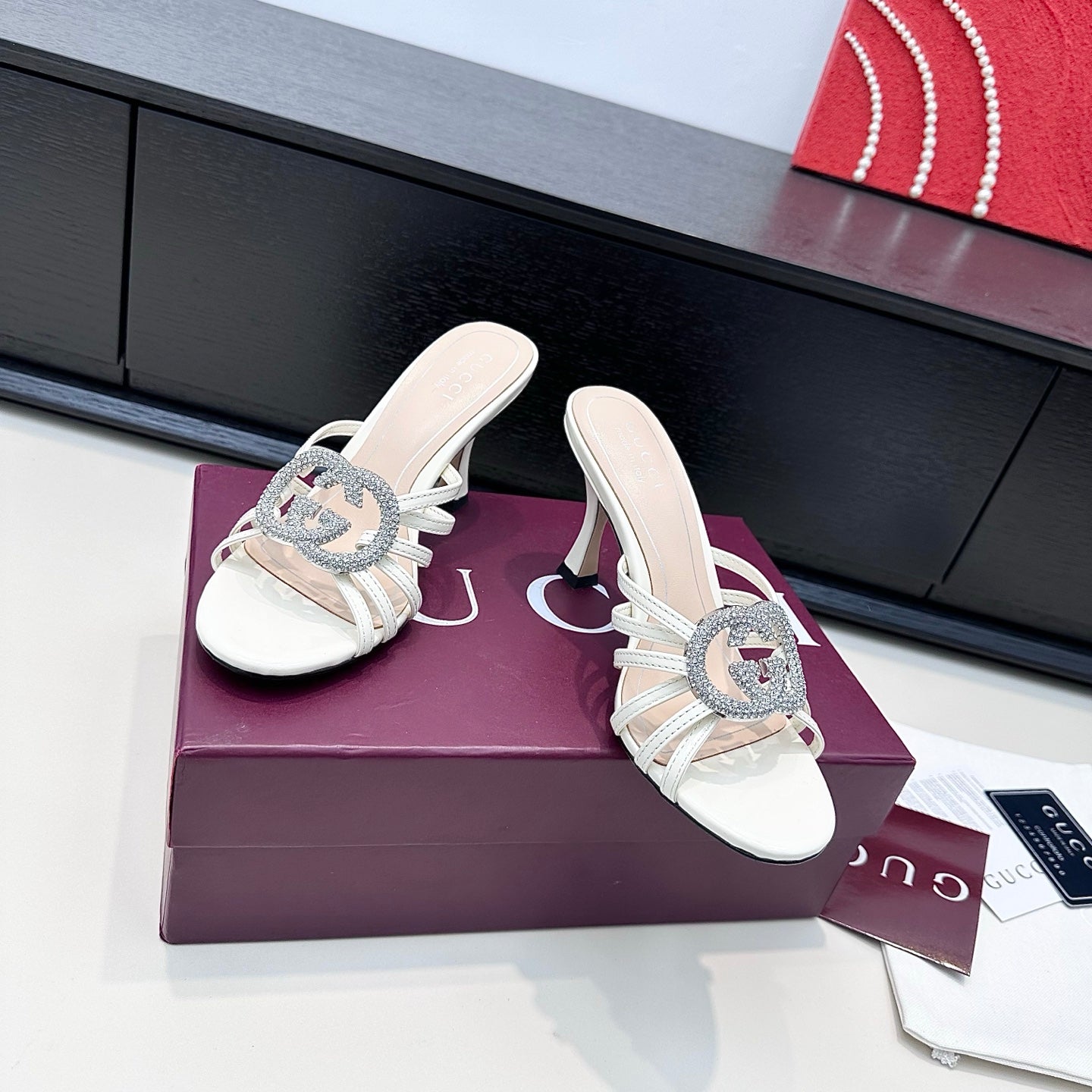 GUCCI 26S HEELED SANDALS 85 MM IN WHITE CALFSKIN WITH CRYSTAL