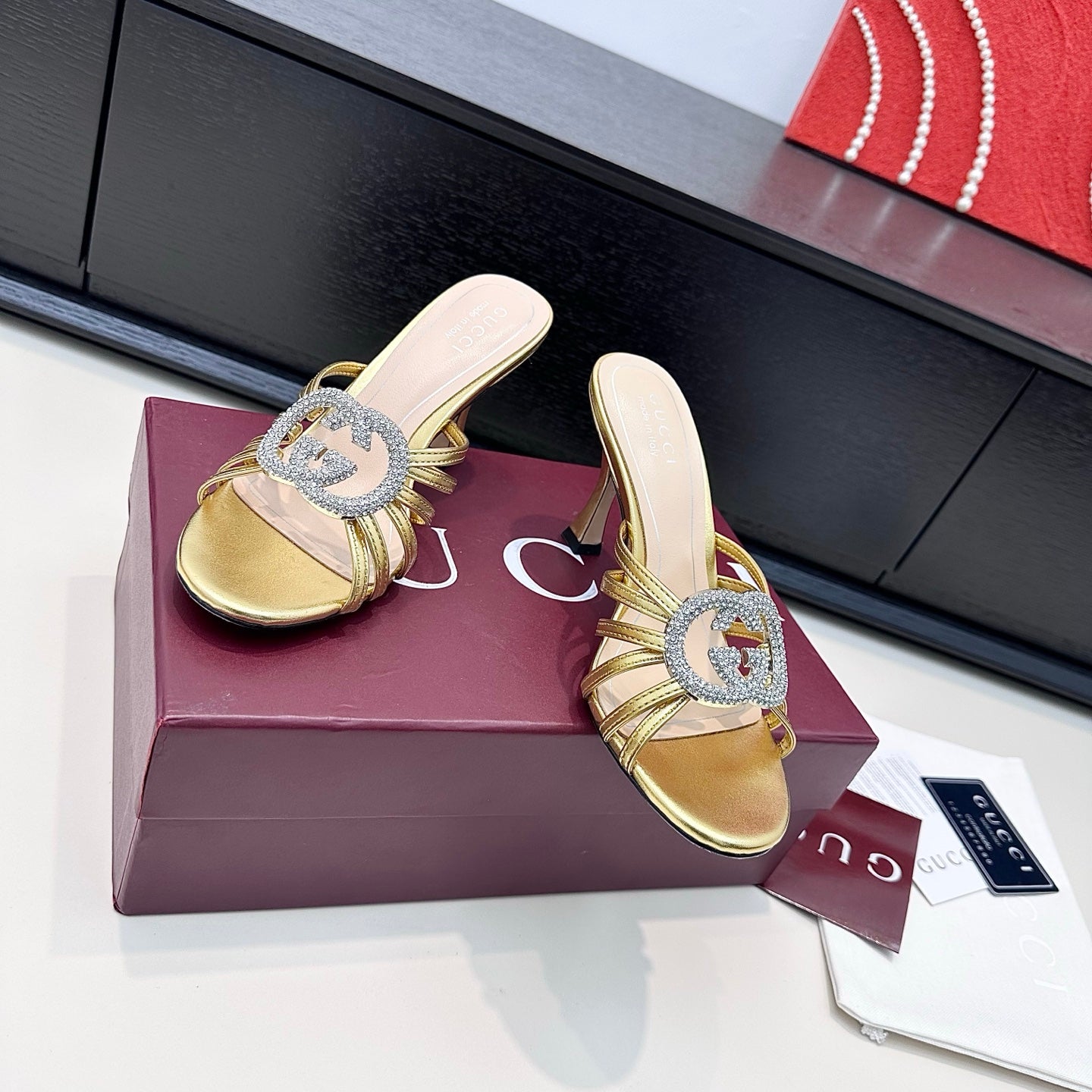GUCCI 26S HEELED SANDALS 85 MM IN GOLD CALFSKIN WITH CRYSTAL