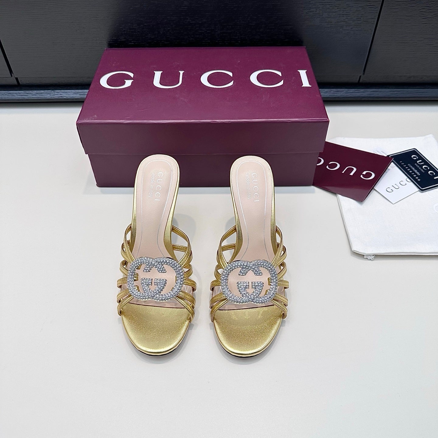 GUCCI 26S HEELED SANDALS 85 MM IN GOLD CALFSKIN WITH CRYSTAL
