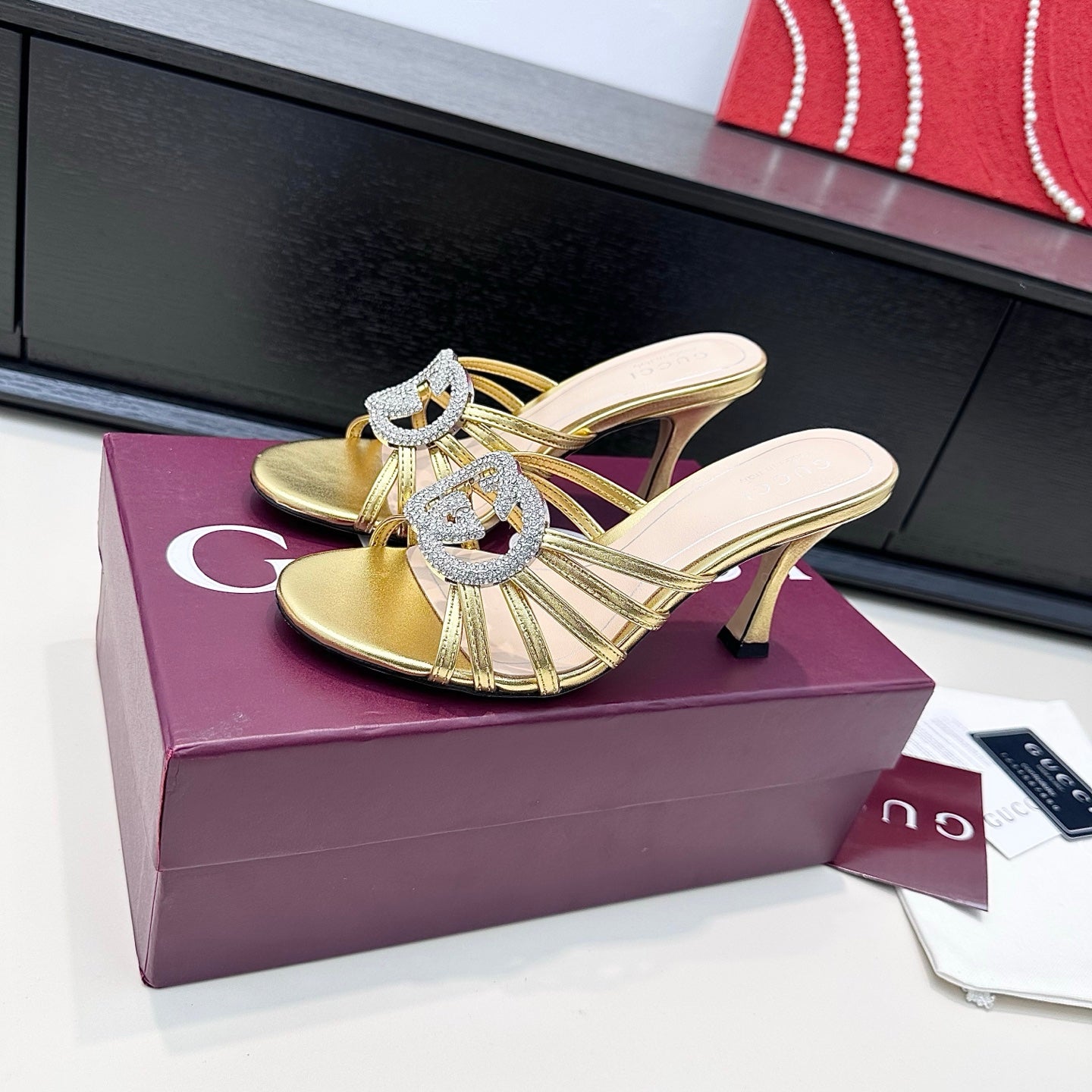 GUCCI 26S HEELED SANDALS 85 MM IN GOLD CALFSKIN WITH CRYSTAL