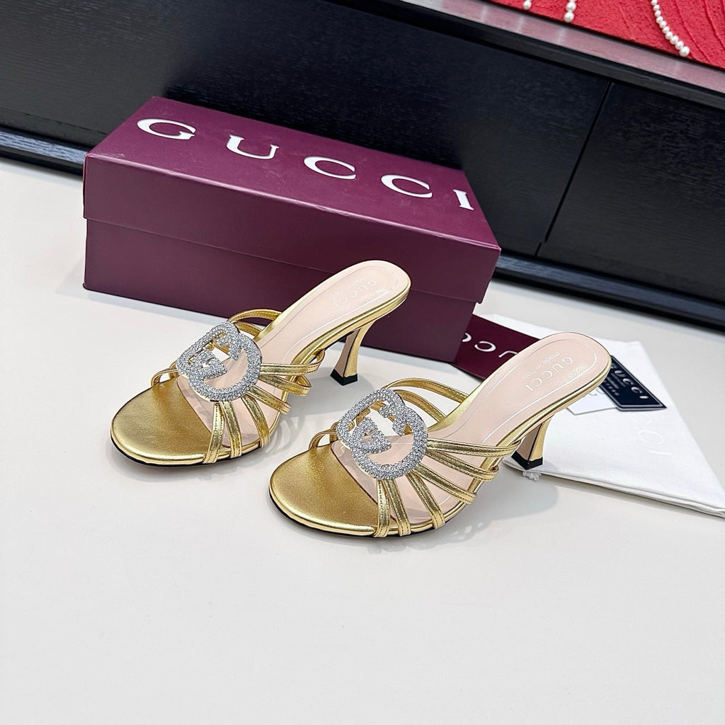 GUCCI 26S HEELED SANDALS 85 MM IN GOLD CALFSKIN WITH CRYSTAL
