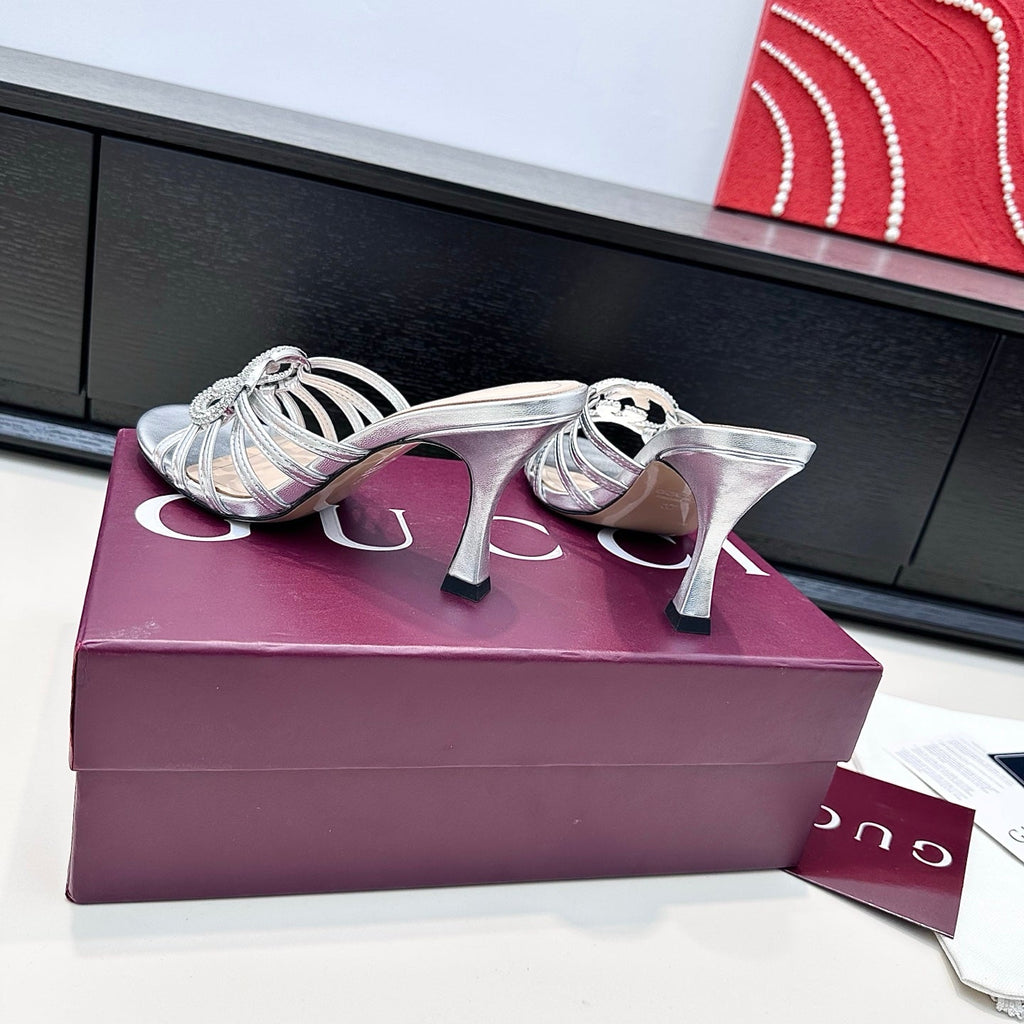GUCCI 26S HEELED SANDALS 85 MM IN SILVER CALFSKIN WITH CRYSTAL