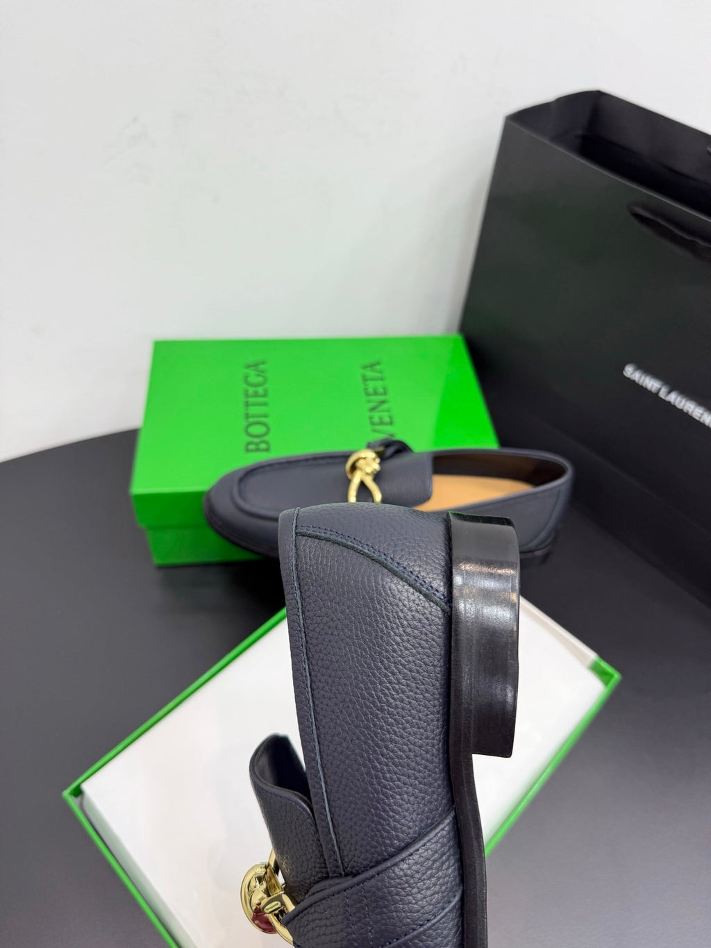 BOTTEGA VENETA 26S LOAFERS IN BLUE GRAY GRAINED CALFSKIN WITH GOLD HARDWARE
