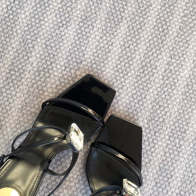 HIGH MULES WITH GEM IN BLACK GLOSSY CALFSKIN