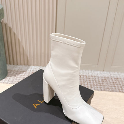 ALAIA 26S HEELED BOOTS 90 MM IN WHITE CALFSKIN