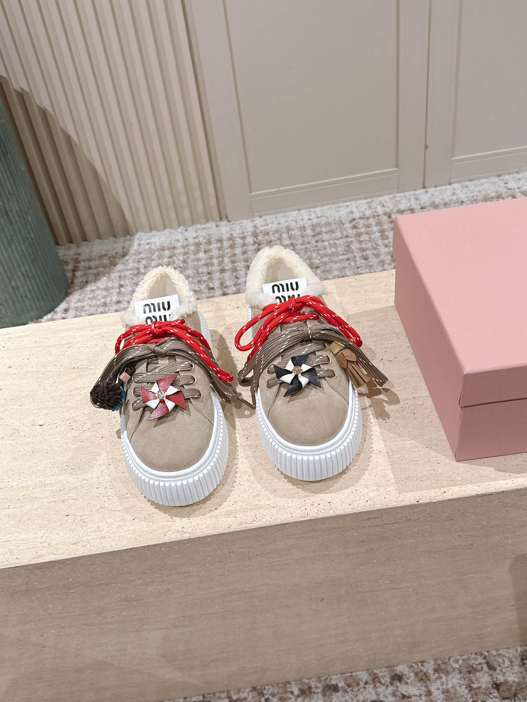 MIUMIU 25S SNEAKERS 50MM IN DARK BEIGE SUEDE WITH SHEARLING