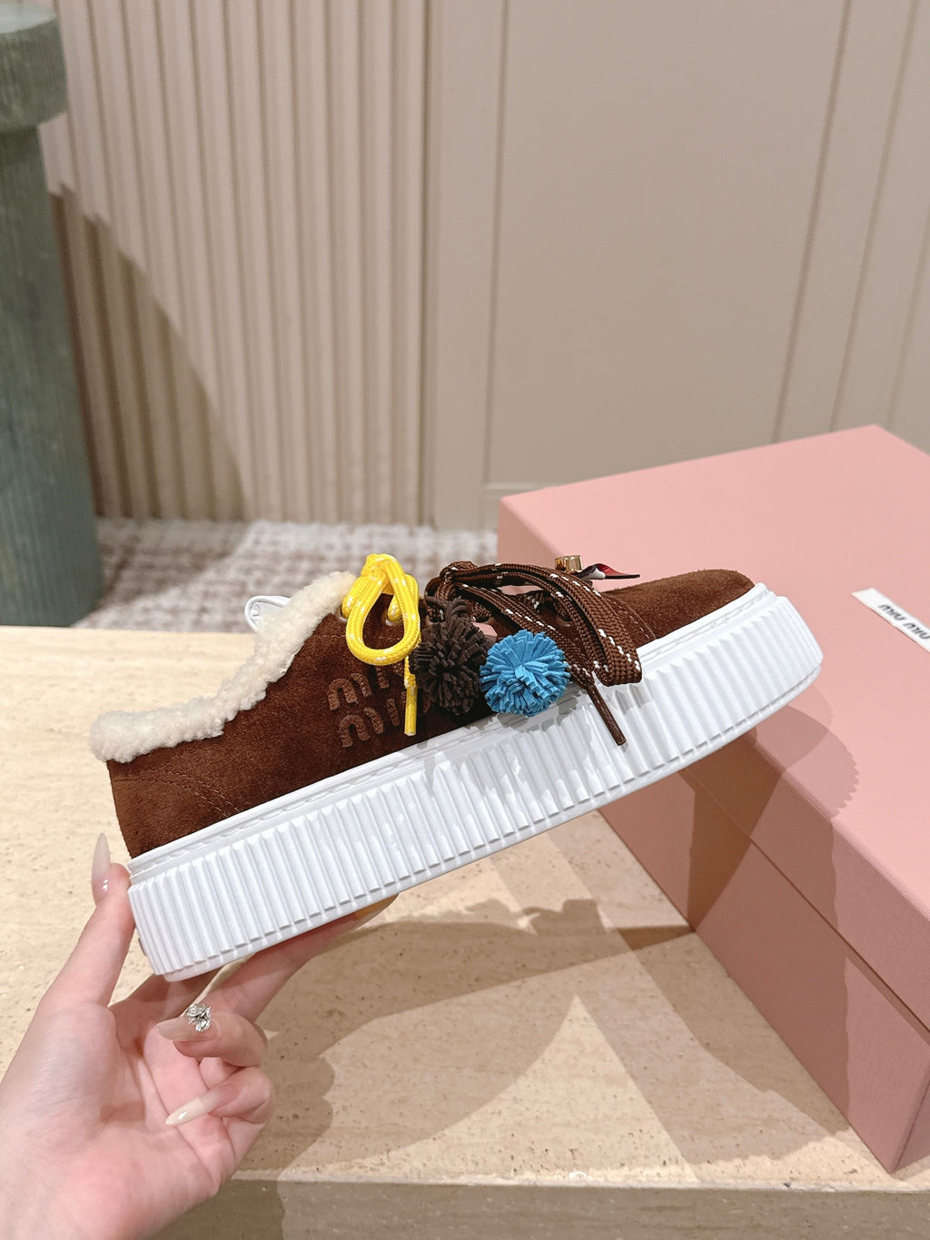 MIUMIU 25S SNEAKERS 50MM IN DARK BROWN SUEDE WITH SHEARLING