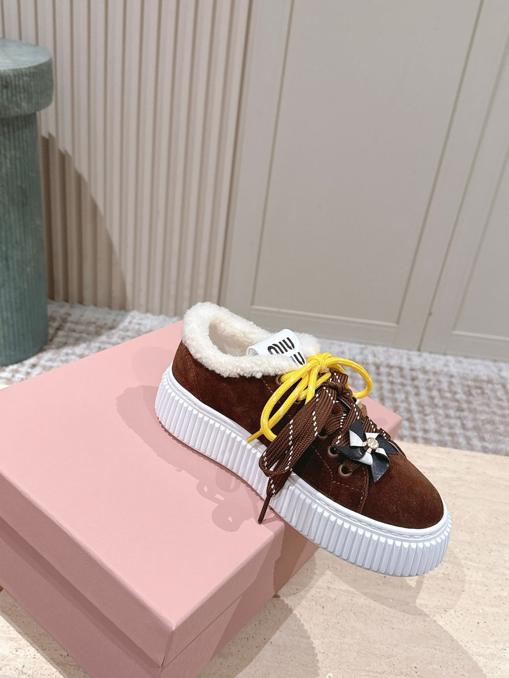 MIUMIU 25S SNEAKERS 50MM IN DARK BROWN SUEDE WITH SHEARLING