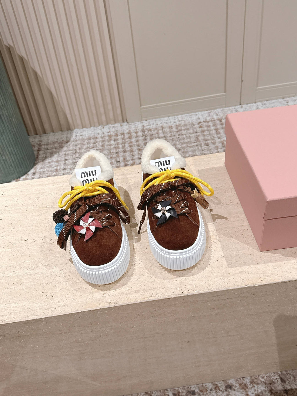 MIUMIU 25S SNEAKERS 50MM IN DARK BROWN SUEDE WITH SHEARLING