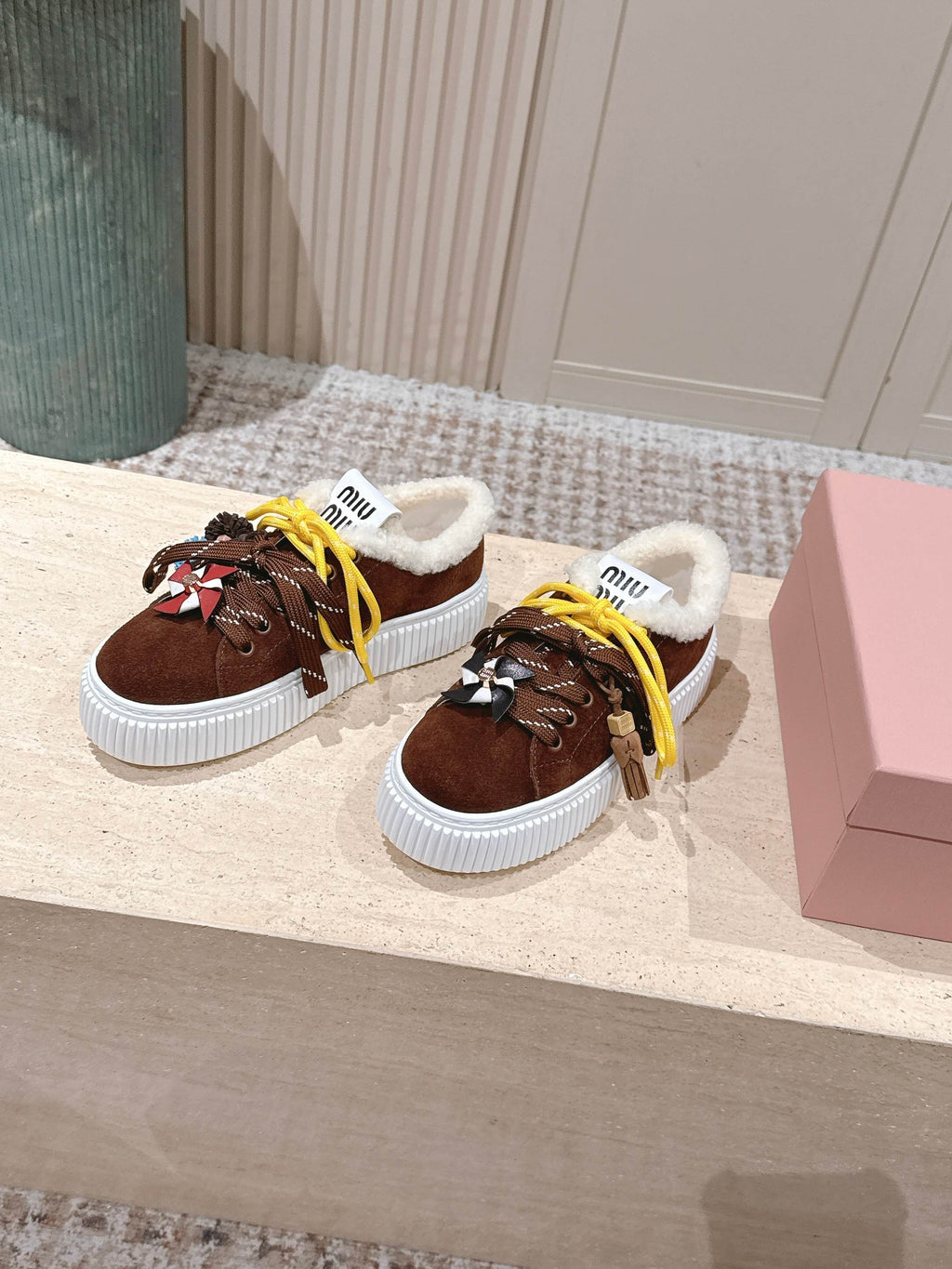 MIUMIU 25S SNEAKERS 50MM IN DARK BROWN SUEDE WITH SHEARLING