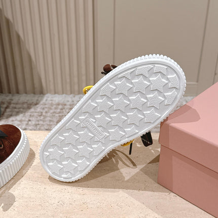 MIUMIU 25S SNEAKERS 50MM IN DARK BROWN SUEDE WITH SHEARLING