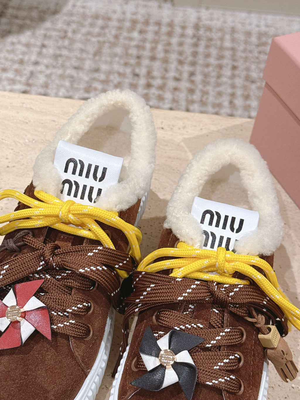 MIUMIU 25S SNEAKERS 50MM IN DARK BROWN SUEDE WITH SHEARLING