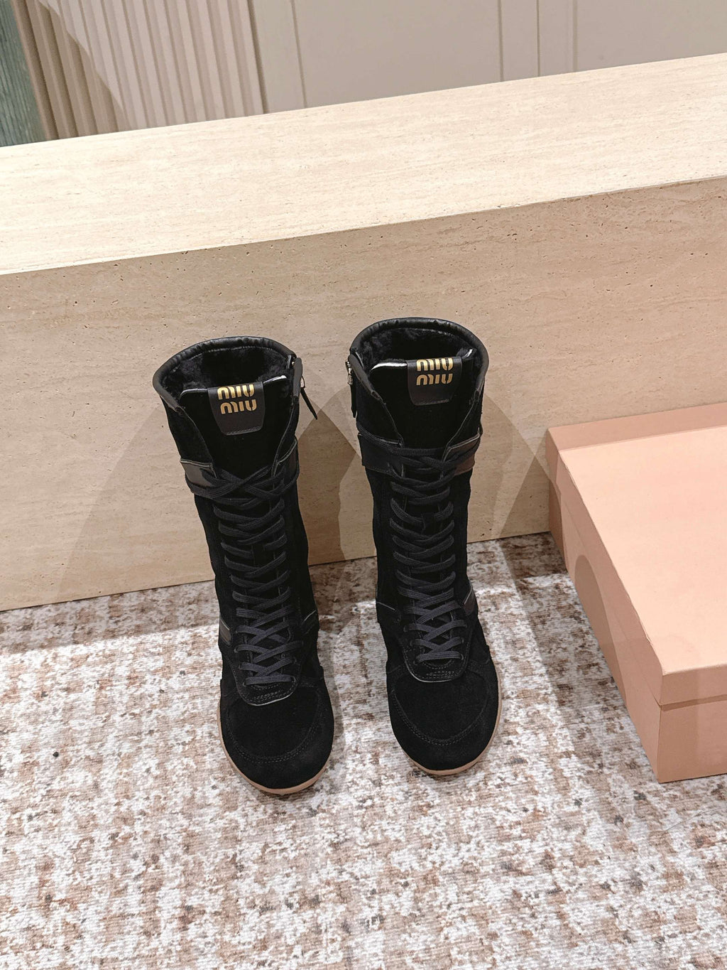 MIUMIU 25S ANKLE BOOTS IN BLACK SUEDE WITH SHEARLING