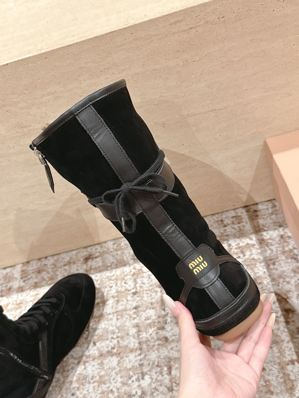 MIUMIU 25S ANKLE BOOTS IN BLACK SUEDE WITH SHEARLING